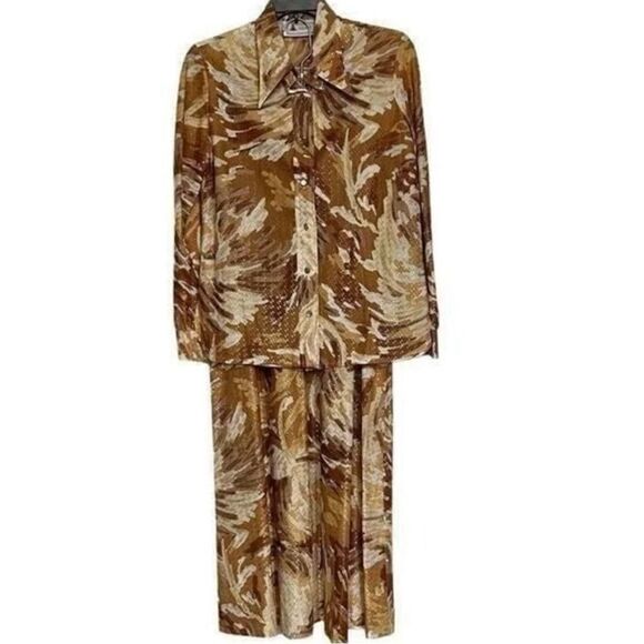 Vintage 70's Lurax Fountain Square Skirt Set Women's Size 8 Gold Brown Abstract - Picture 1 of 12